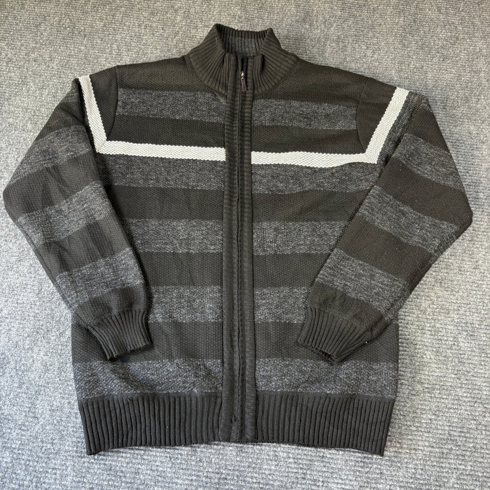 Six Lincoln Mens Large Full Zip Stripe Cardigan Sweater Faux Fur Lined Black